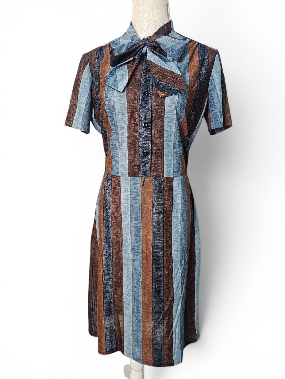 Vintage Striped Midi Sheath Dress With Tie Bow Collar Medium